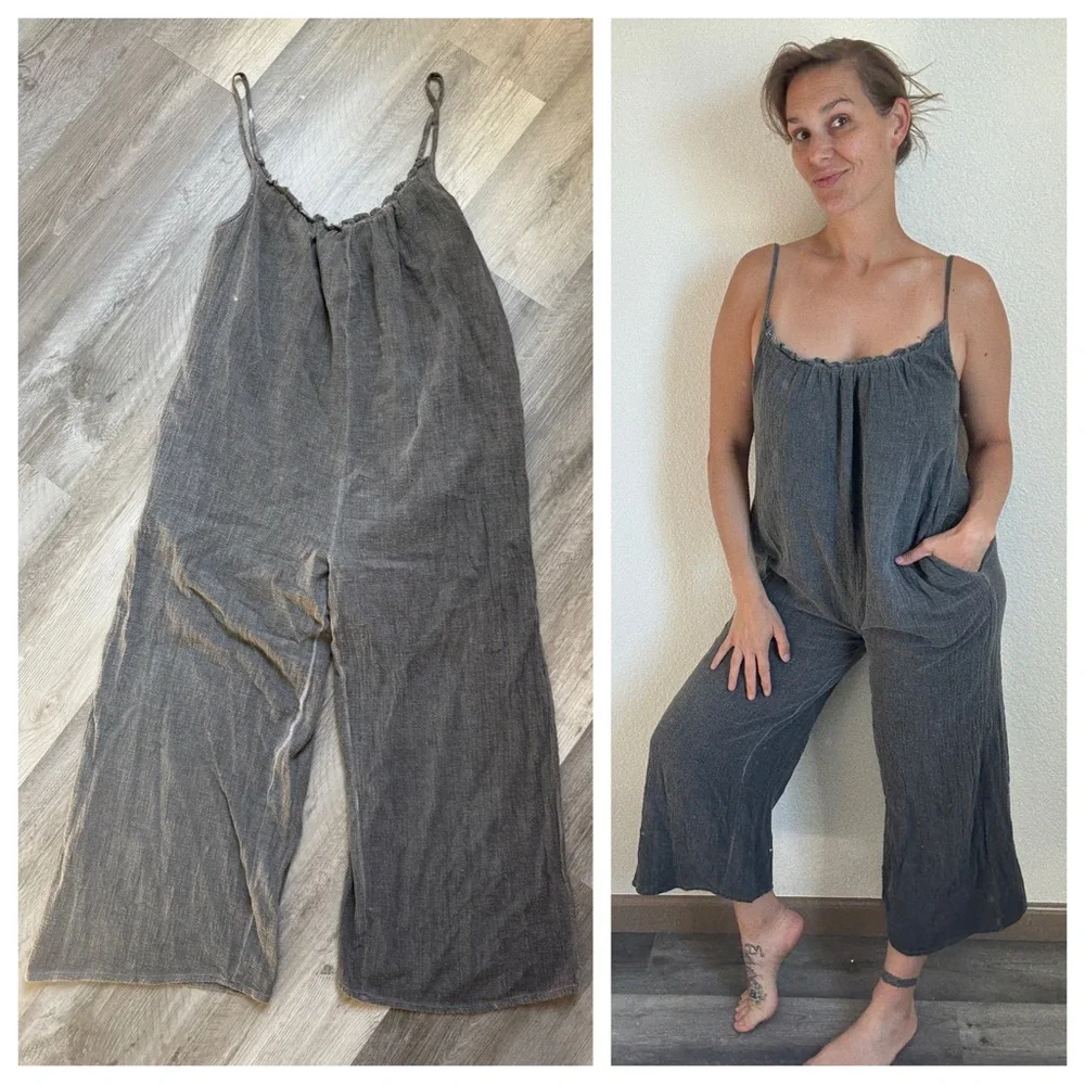En Creme Charcoal Jumpsuit With Pockets Small Relaxed Wide Leg - Picture 3 of 8